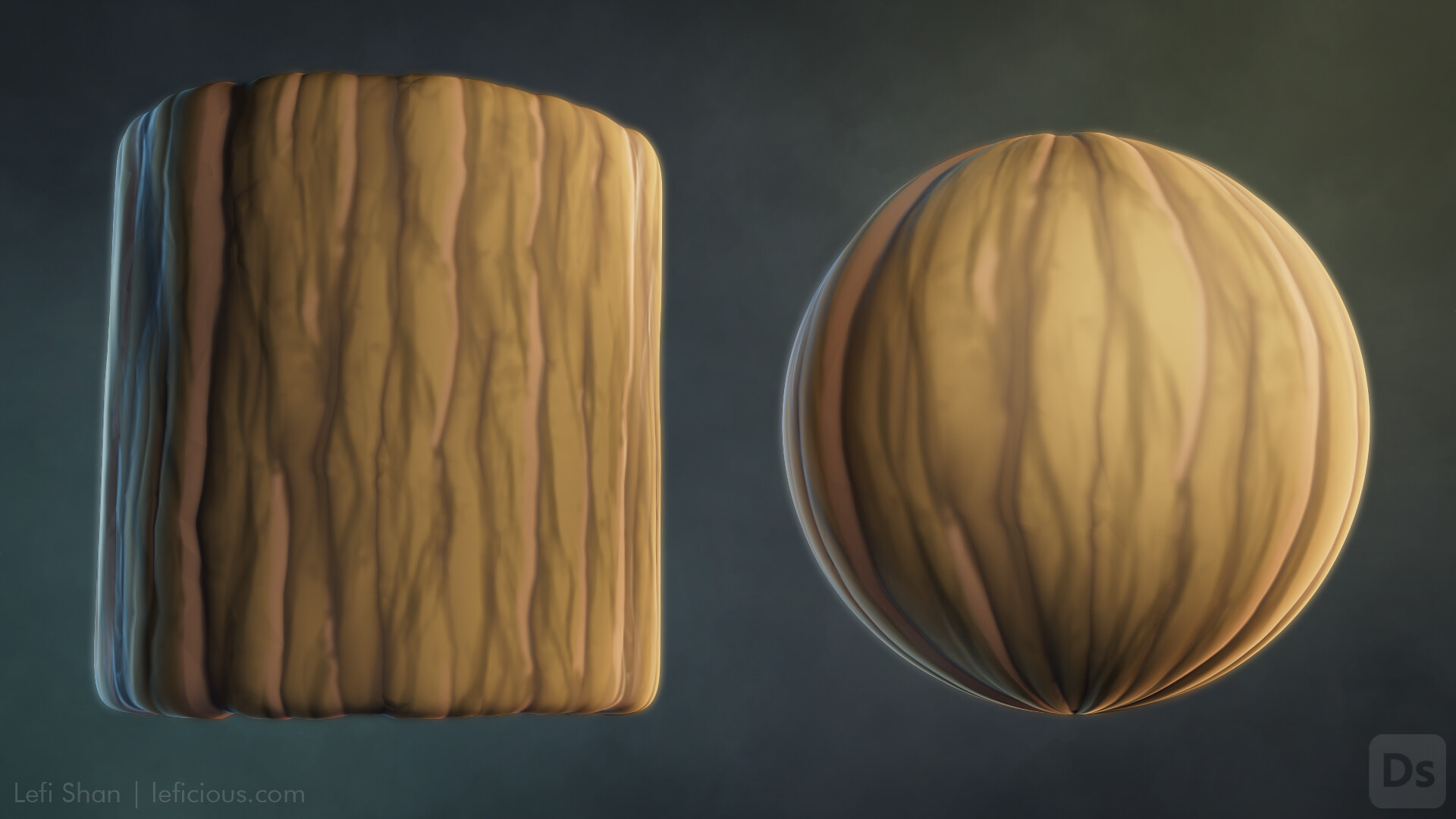 Stylized procedural wood material shown on cylinder and sphere previews