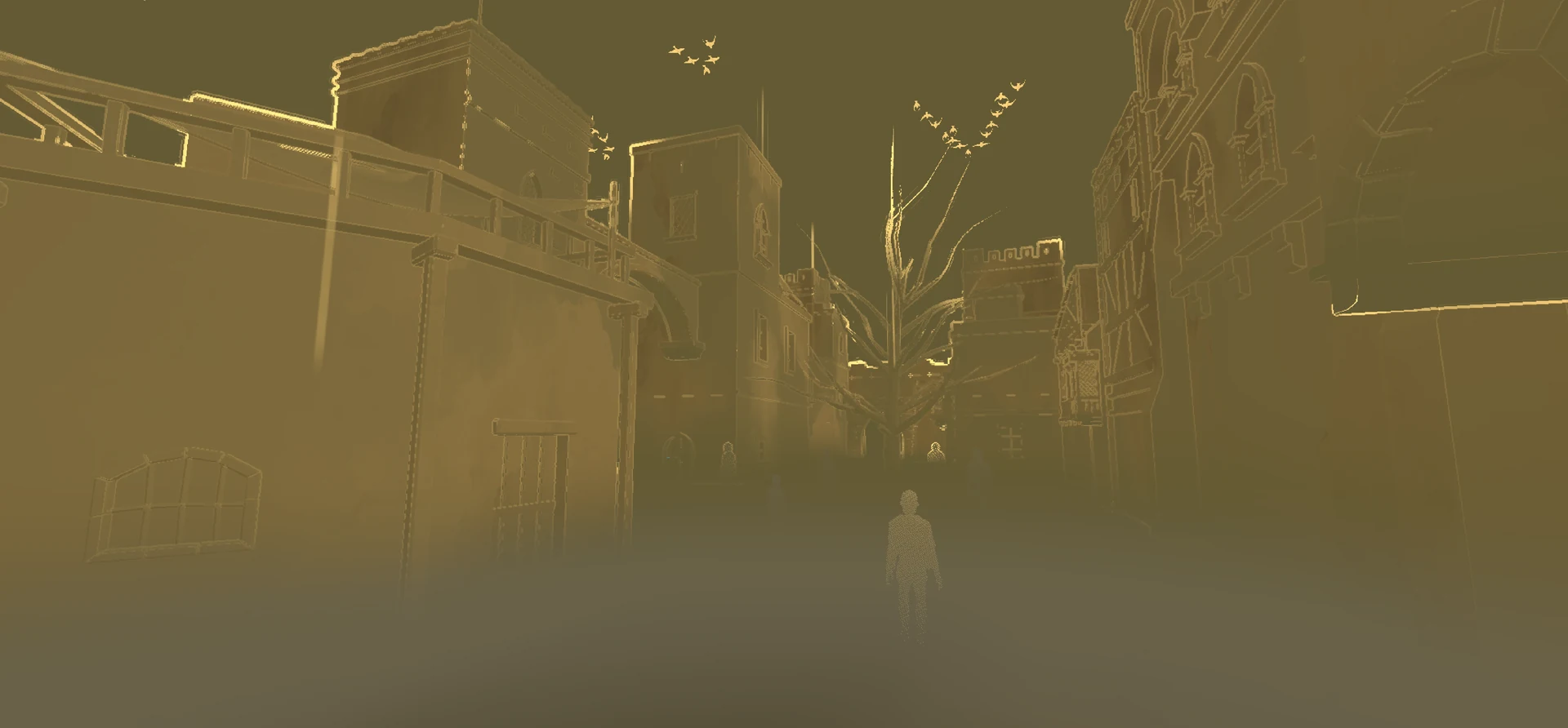 Eye-level street view inside the Unremembered City during Stage 4 Golden Synthesis