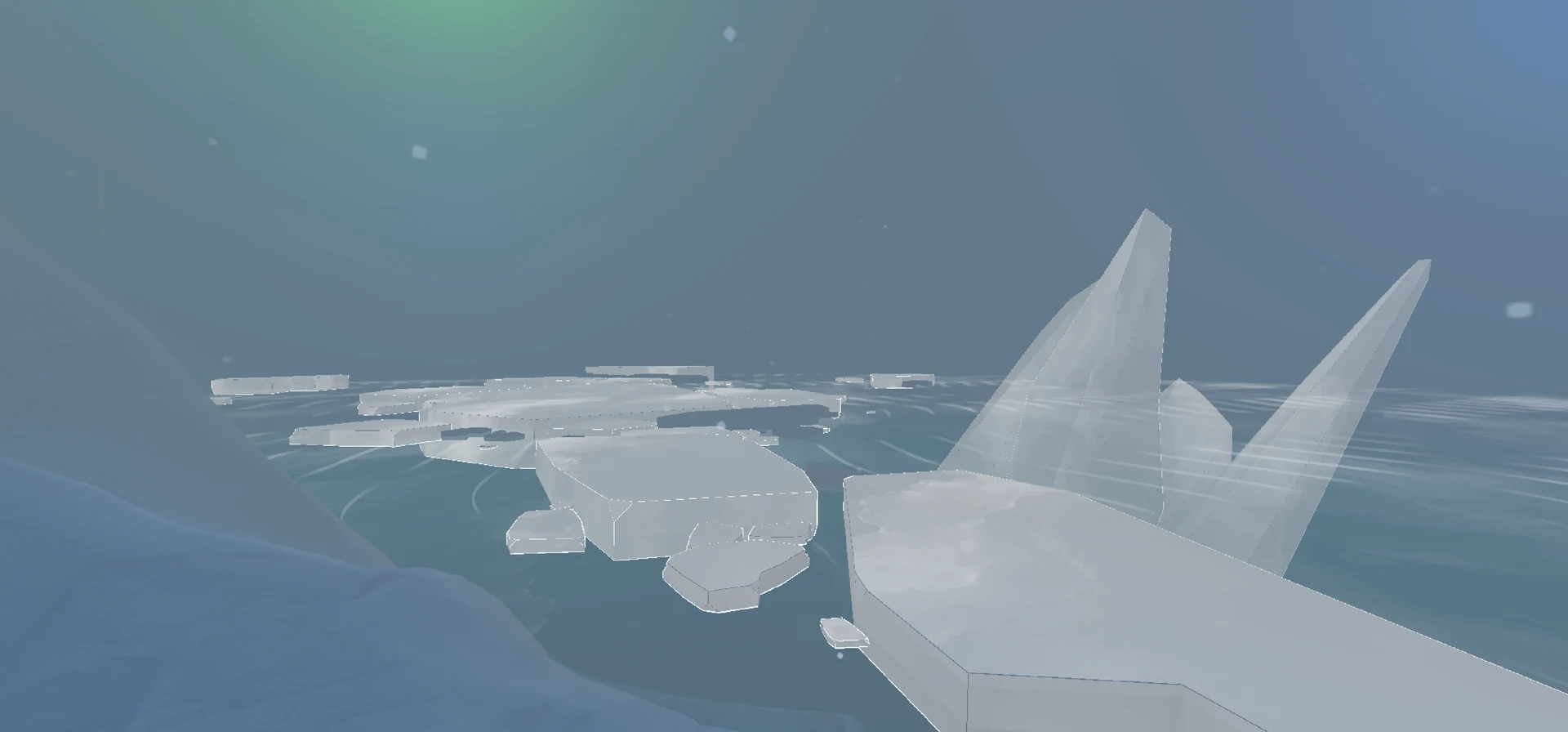 Glacial Ocean in-game view of white player echo illuminating ice floes and twin ice spires