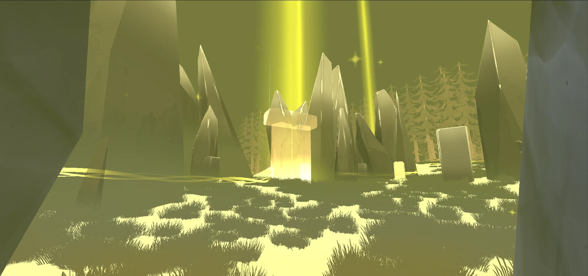 Stone Monument Hub at 3/3 completion with unlocked golden trilithon gate, guide splines, and sky beacons
