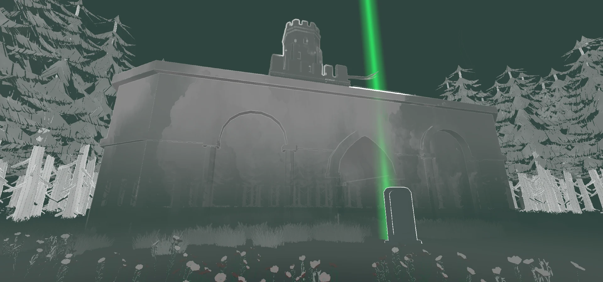 Illusory Woods southwest final clearing, ruined archway, and Sentinel Tower in emerald reply glow
