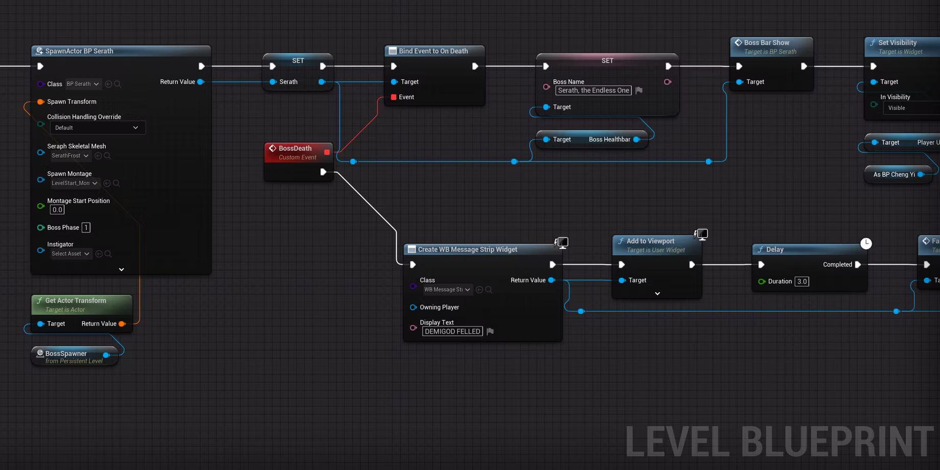 Level Blueprint coordinating boss spawn and death events