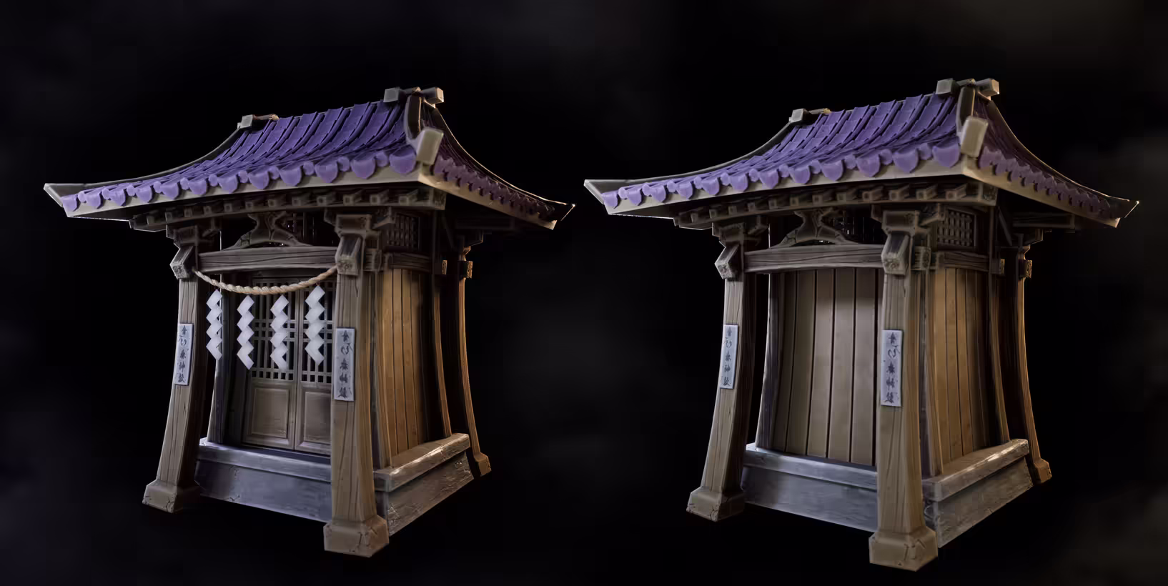 Two finished views of the textured Sacred Forest shrine
