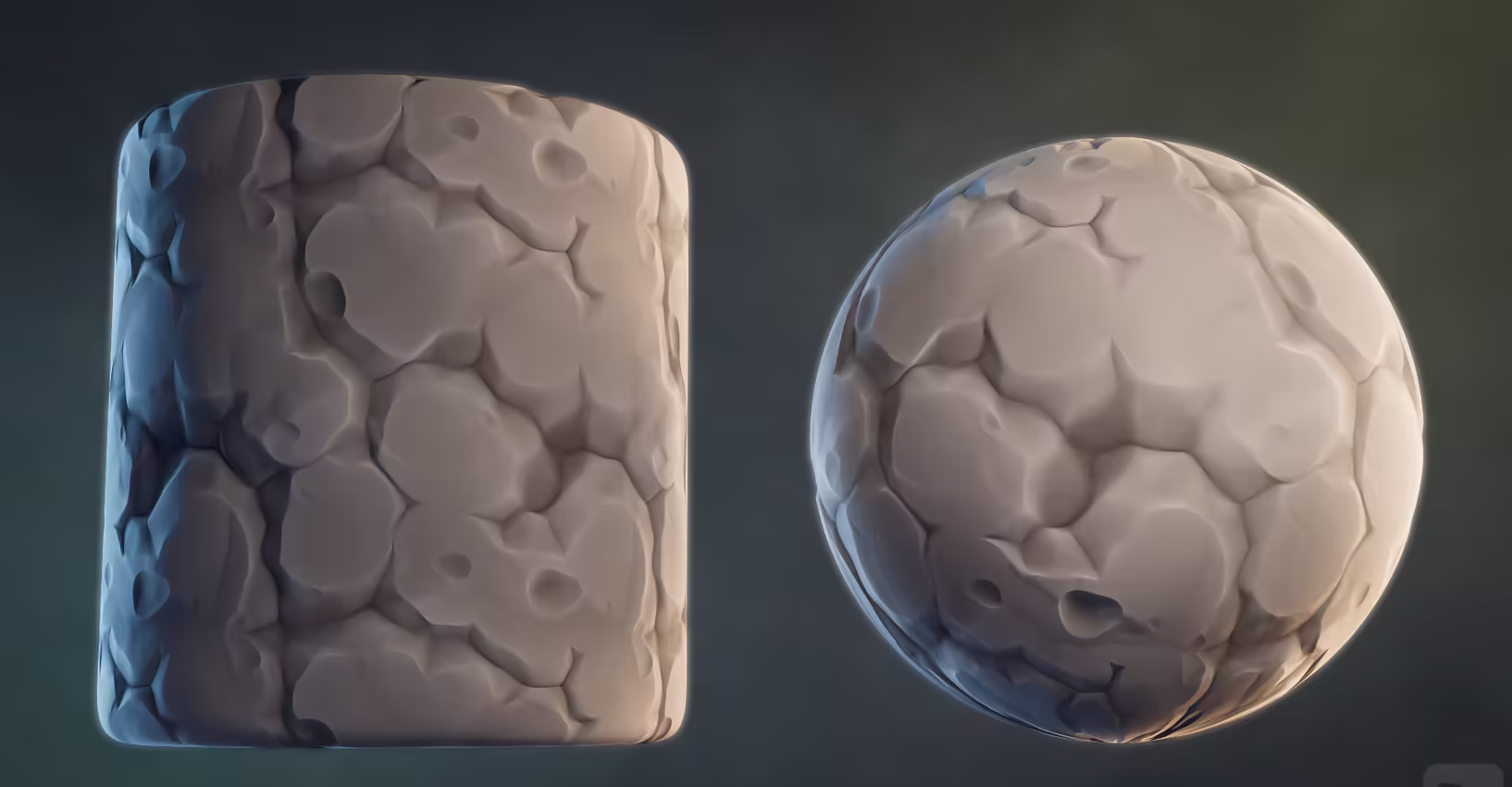 Stylized stone material shown on cylinder and sphere previews